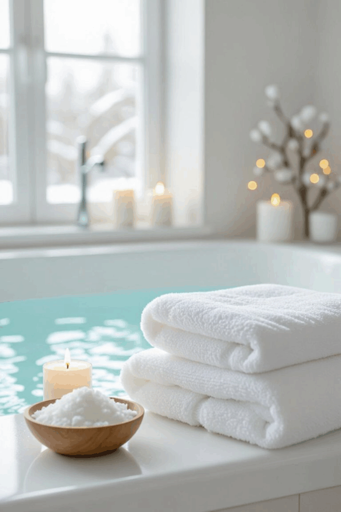 Fresh white towels and bath salts arranged beside a warm winter bath with glowing candles.