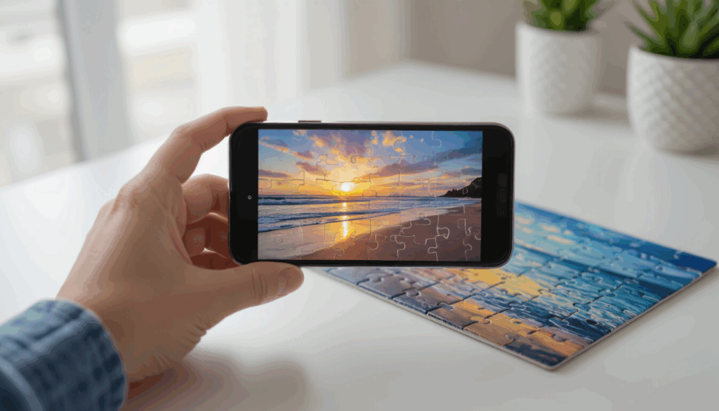 Close-up of hands holding a smartphone to photograph a completed scenic puzzle, puzzle pieces visible on the table below, bright natural light, clean minimalist background.