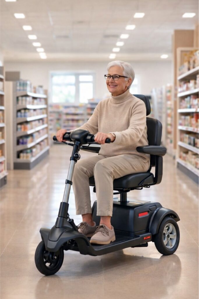 Senior using a three-wheel mobility scooter indoors for easy maneuverability