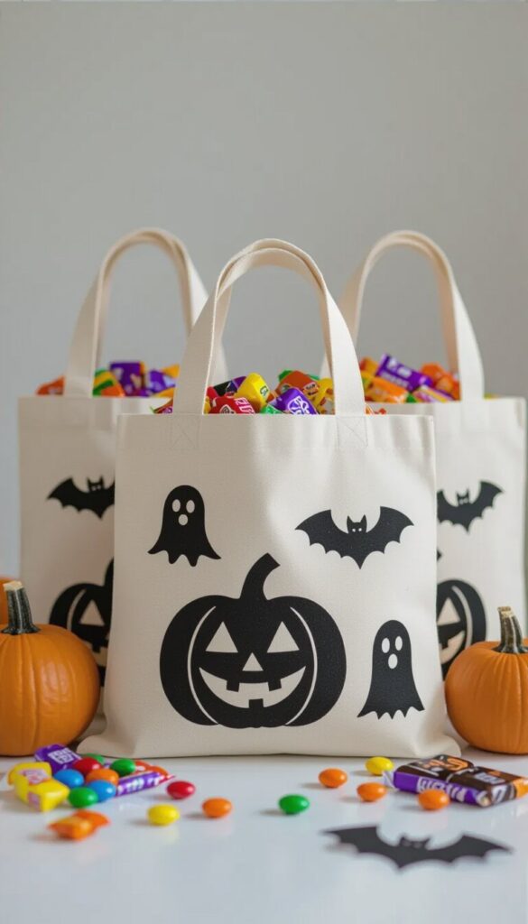 Canvas Halloween trick-or-treat bags decorated with black pumpkins, ghosts, and bats, filled with colorful candy and surrounded by mini pumpkins.
