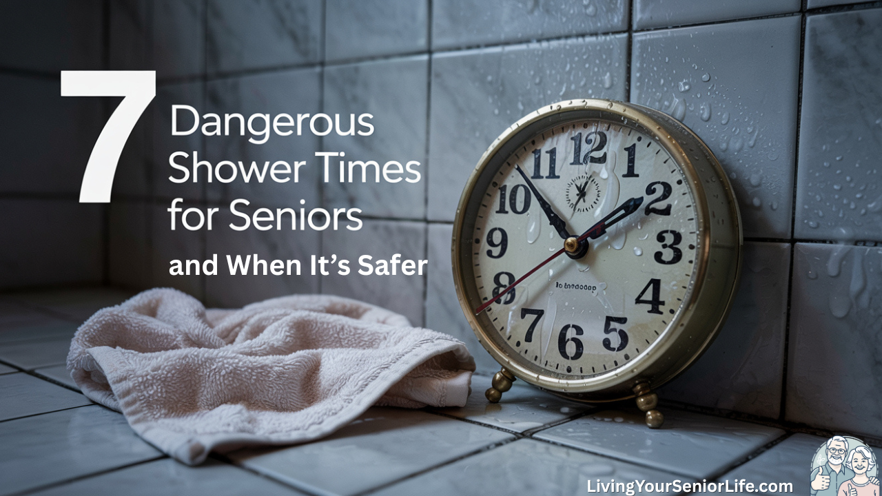 A wet towel and classic analog clock resting on a damp bathroom tile floor with water droplets. The text reads "7 Dangerous Shower Times for Seniors," symbolizing the risk of showering at certain times of day for older adults.