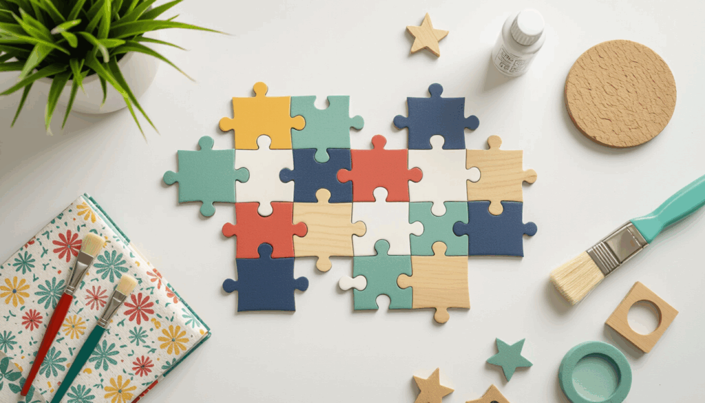 Flat lay of colorful puzzle pieces and crafting supplies, including paintbrushes, ribbon, and decorative shapes, arranged neatly on a white table for a DIY repurposing project.