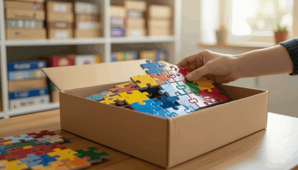 A person’s hand placing a large colorful puzzle piece into an open cardboard box filled with other puzzle pieces, with shelves of organized puzzle boxes blurred in the background.