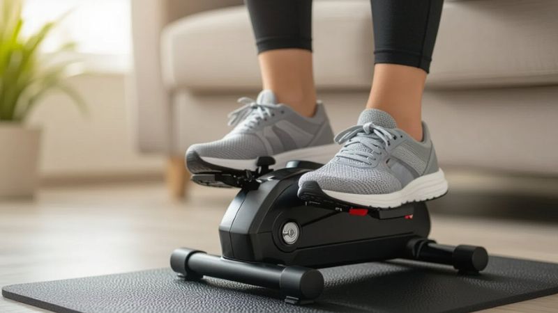 Close-up of a person pedaling a compact under-desk mini exercise bike on a non-slip mat in a bright living room — illustrating the best pedal exerciser for seniors.