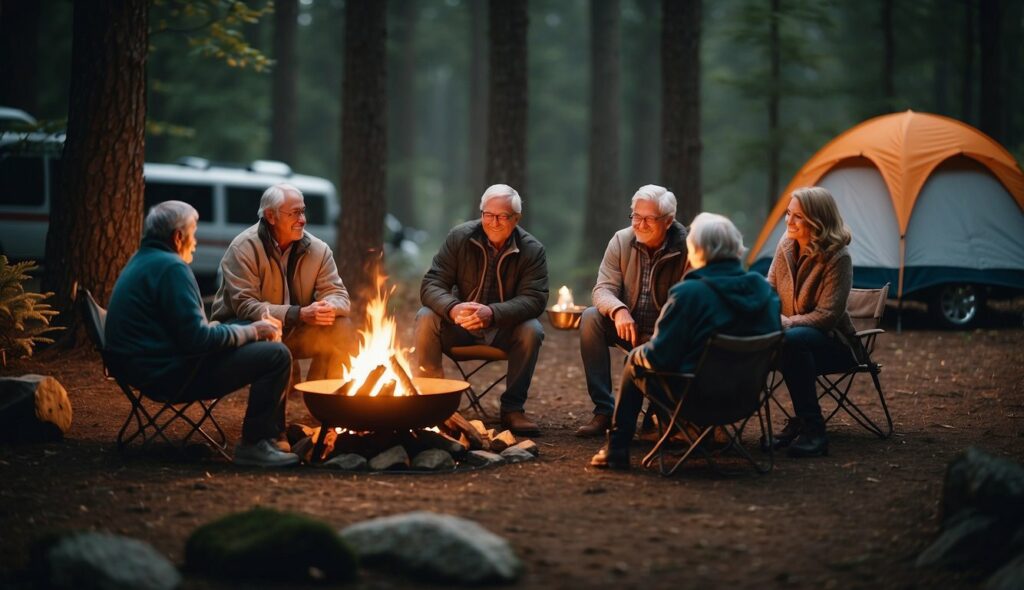 Camping For Seniors - Senior Men around camp fire
