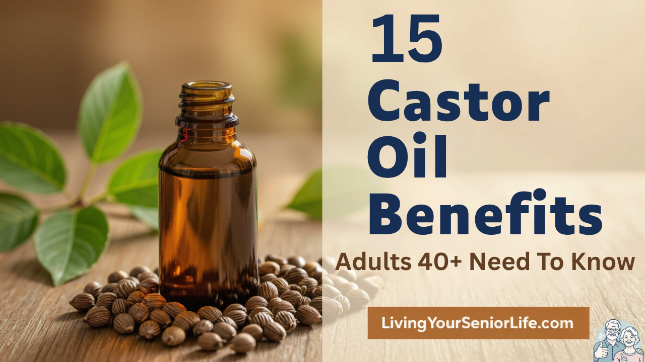 15 castor oil benefits adults 40+ need to know - amber glass bottle with castor beans and green leaves on wooden surface