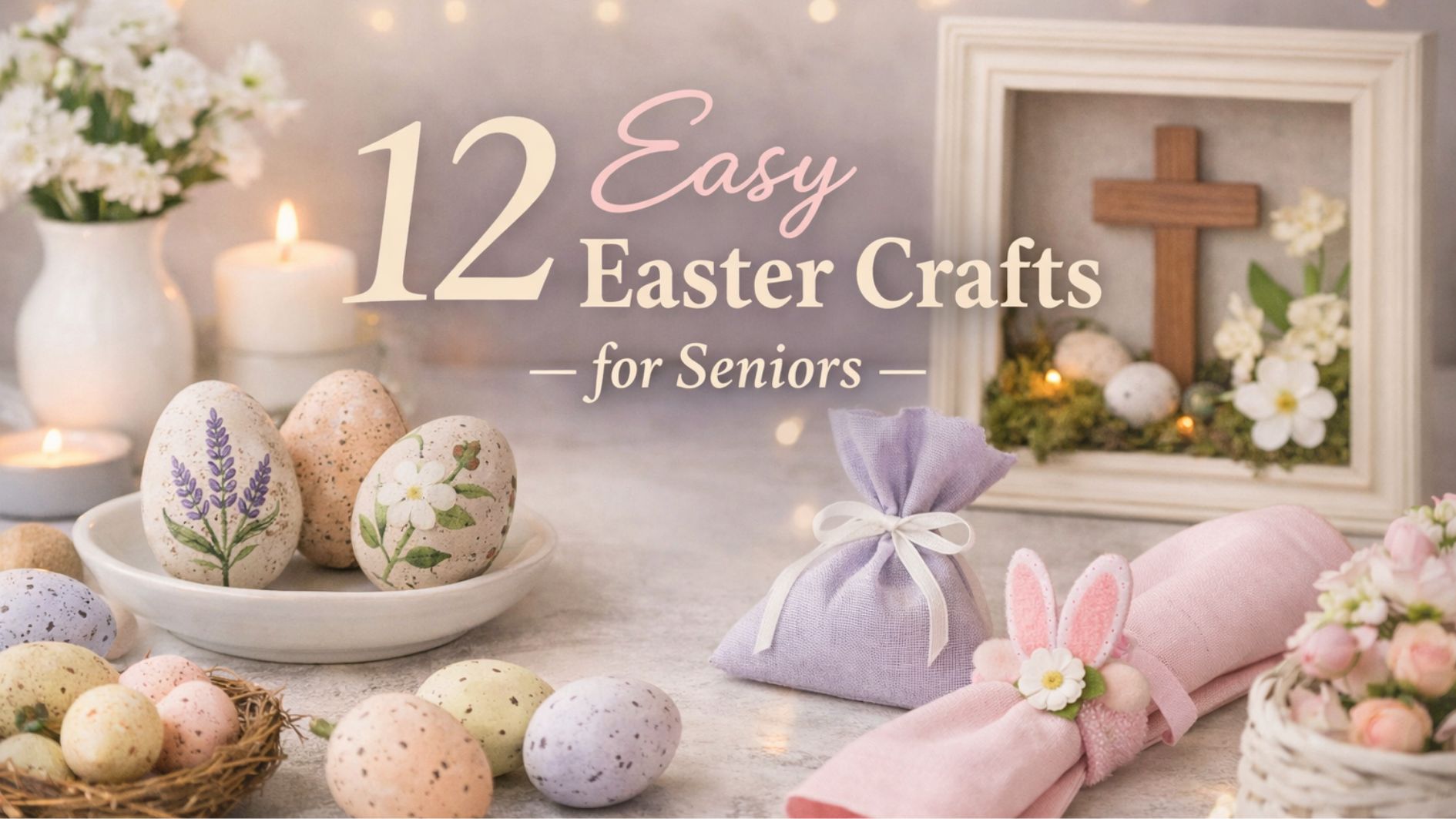 Soft pastel Easter craft display featuring decorative eggs, floral accents, and elegant napkin rings on a spring table setting.