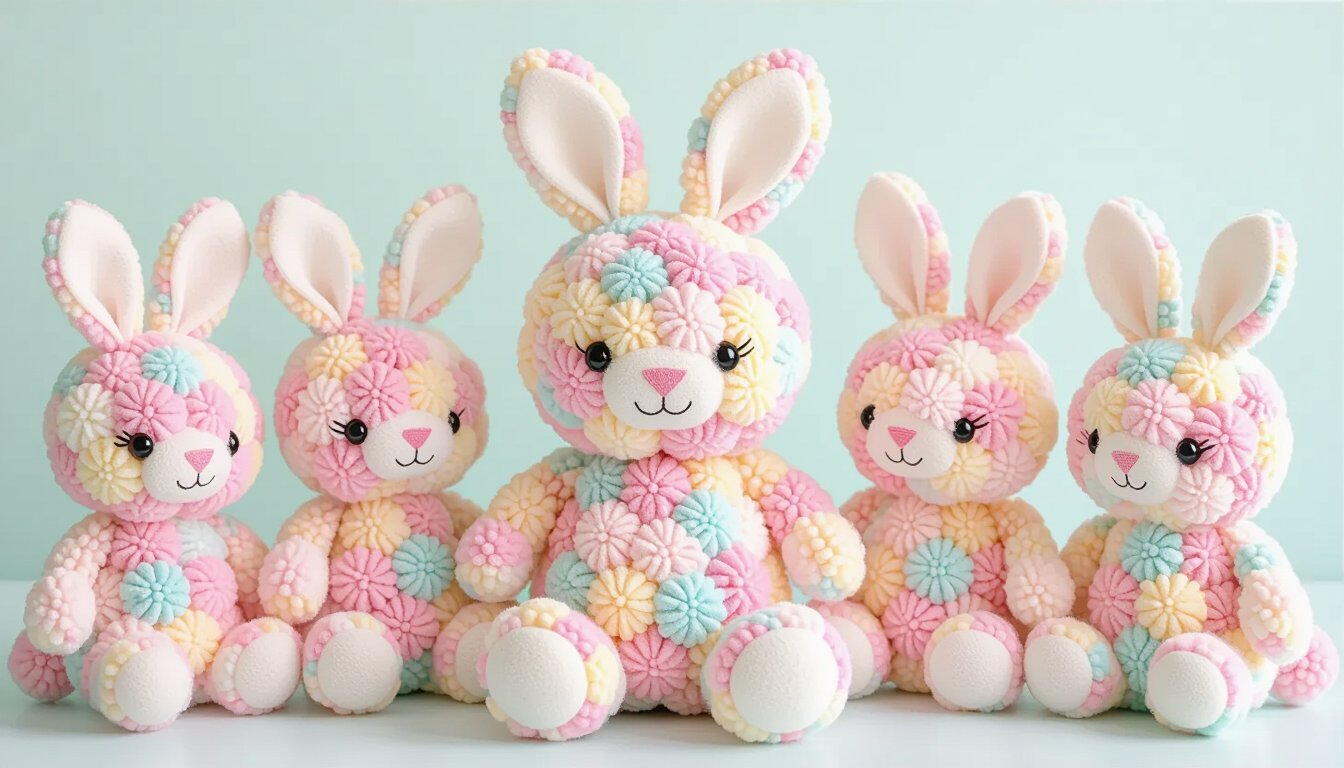Collection of pastel pom-pom bunnies with felt ears in pink, yellow, and mint colors displayed on mint background, showing no-sew craft variations
