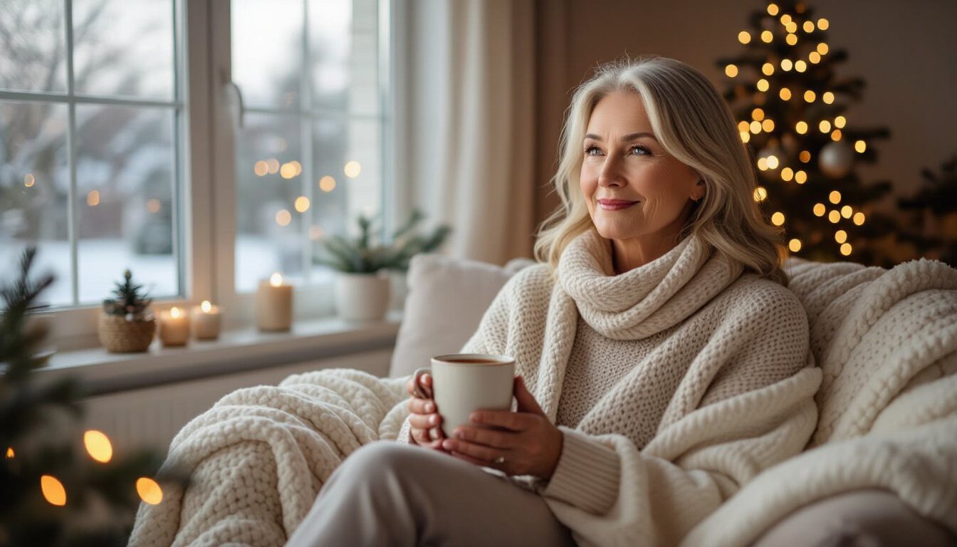 Senior woman relaxing during the holidays with a warm drink, peaceful holiday wellness concept.