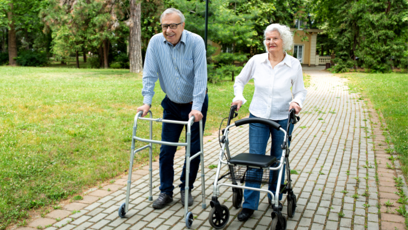 Rollator Walker Guide - Man and woman using two different types of walkers