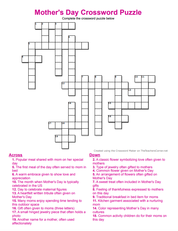 Mother’s Day crossword puzzle printable with themed clues and grid layout