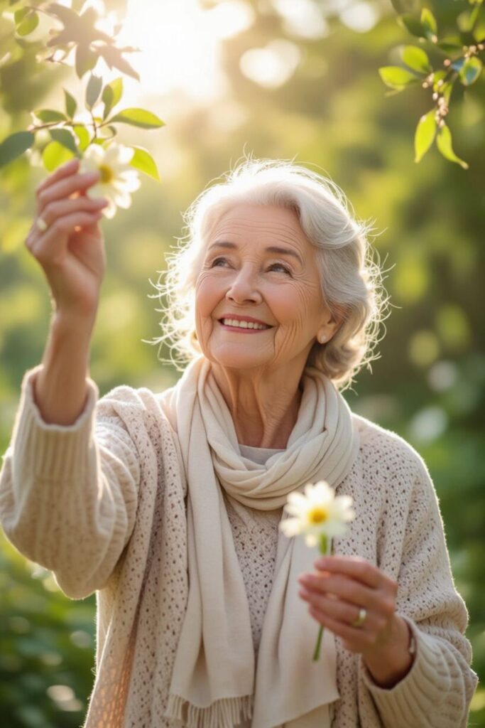Smiling senior woman reaching toward a blooming branch in a sunlit garden, holding a fresh flower. Surrounded by greenery and soft sunlight, she enjoys natural light and fresh air in a peaceful outdoor setting.