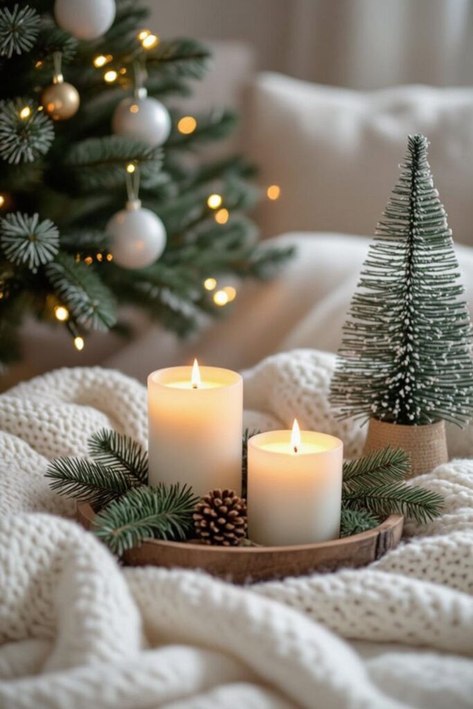 Peaceful small living space with soft Christmas touches, LED candles, garland, and a small tree.