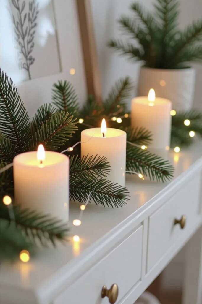 Console table decorated with LED candles, fairy lights, and small greenery for a cozy Christmas look.