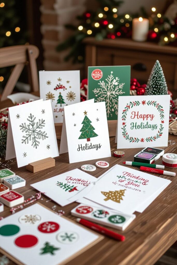 Holiday card making station with handmade Christmas cards, rubber stamps, ink pads and craft supplies organized on wooden table
