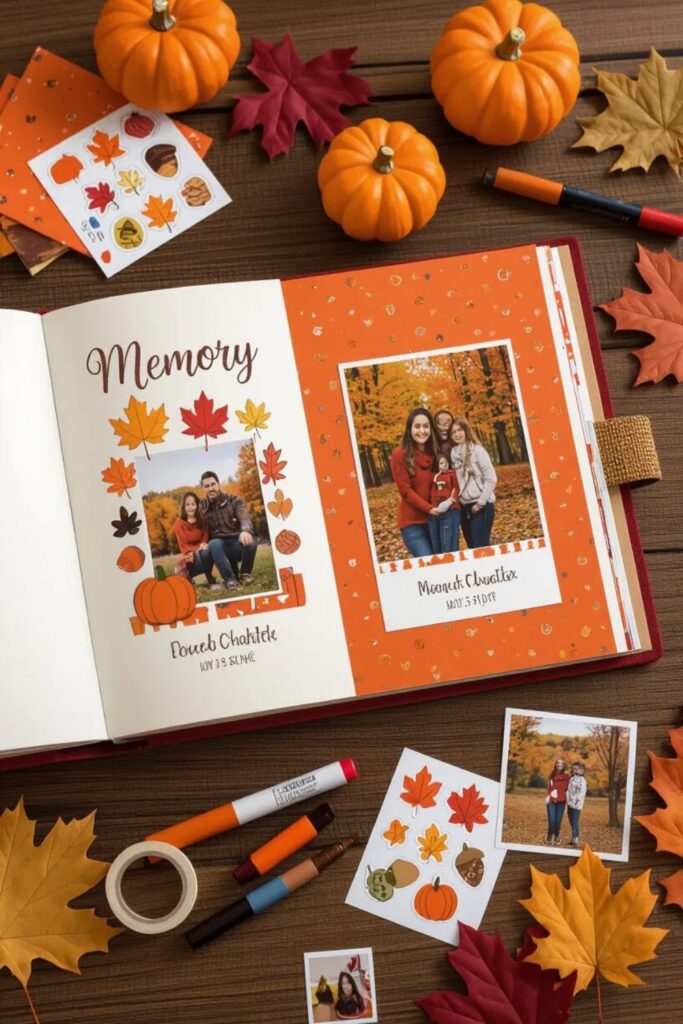 Open fall memory photo album with autumn family photos, colored paper backgrounds, and fall-themed sticker decorations on wooden table
