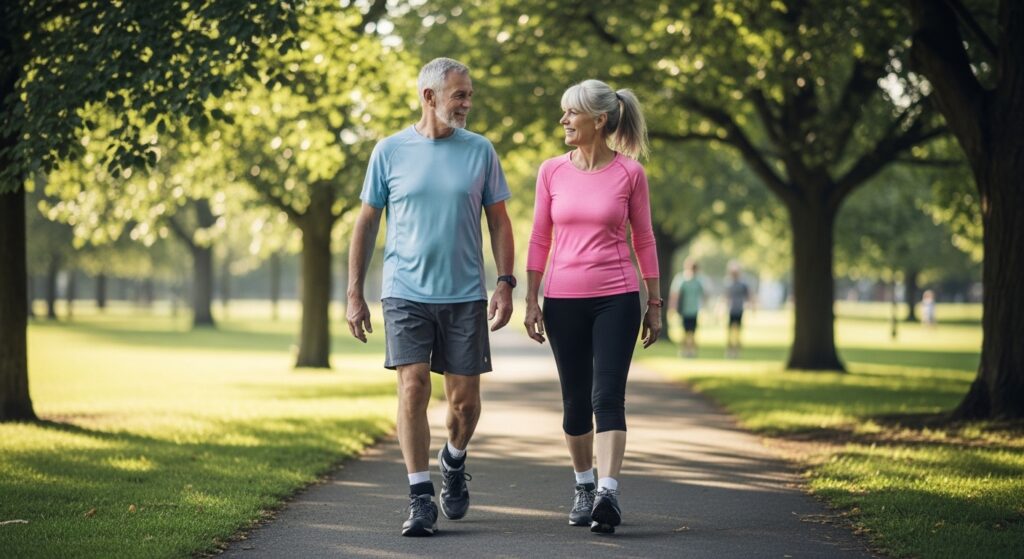Senior man and woman walking, wearing athletic wear and supportive shoes, suburban sidewalk, morning light, safety-focused composition