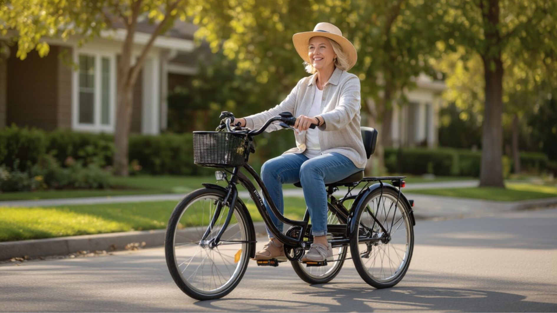 Best Adult Tricycles for Seniors: Schwinn Meridian vs Slsy (Comfort & Stability Compared) 1 Senior woman riding an adult tricycle for stable and comfortable outdoor exercise