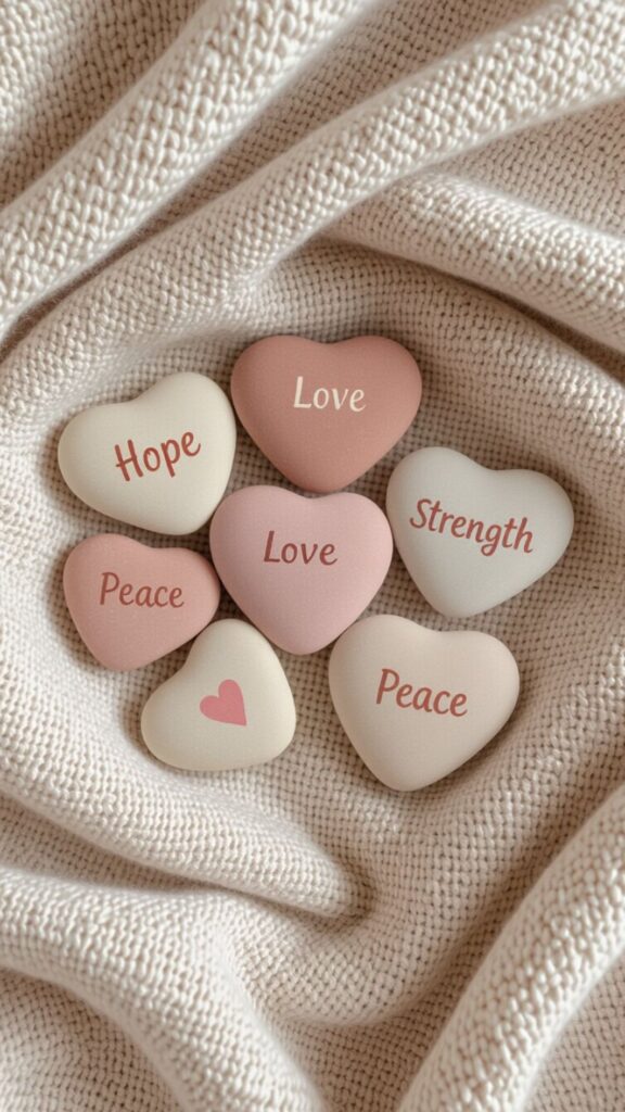 Seven pastel heart-shaped affirmation stones arranged on a soft knit blanket, each with uplifting words such as Love, Hope, Peace, and Strength.