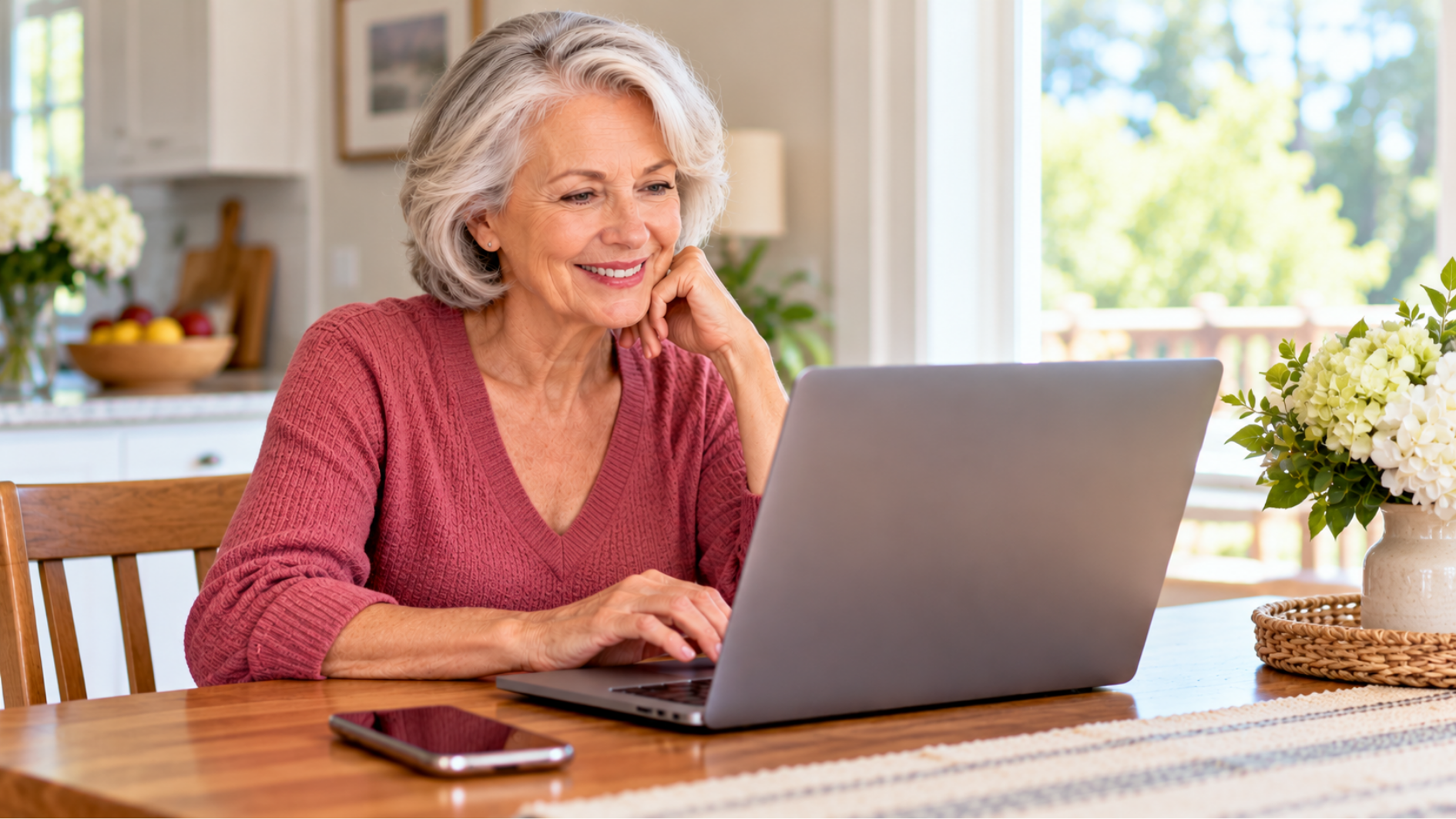 Senior woman using a laptop at home while learning about AI safety tips.
