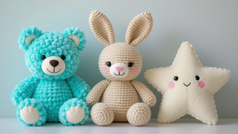 Amigurumi examples displayed together: a turquoise pom-pom bear, a beige crochet bunny, and a cream no-sew fleece star plush on a soft pastel background.