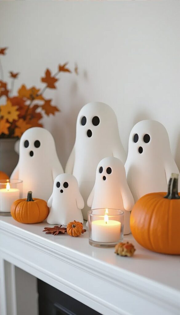 Air-dry clay ghosts displayed on a mantel with pumpkins, candles, and fall leaves for a minimalist Halloween decoration.