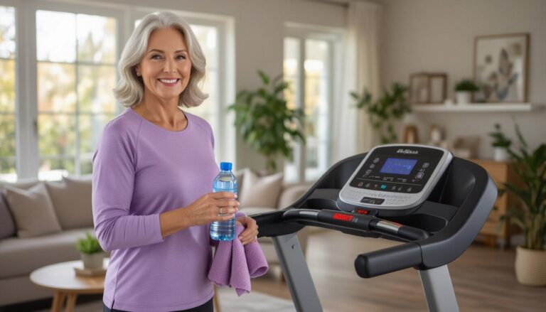 Senior woman with walking treadmill in bright home living room - safe indoor exercise guide