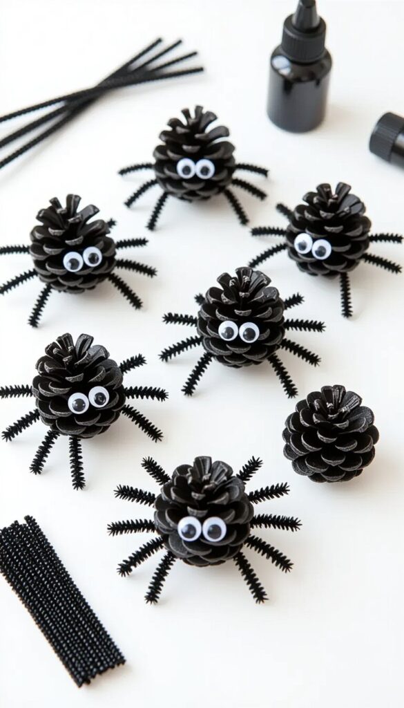 DIY Halloween pinecone spiders with black pipe cleaner legs and googly eyes, displayed on a white table.