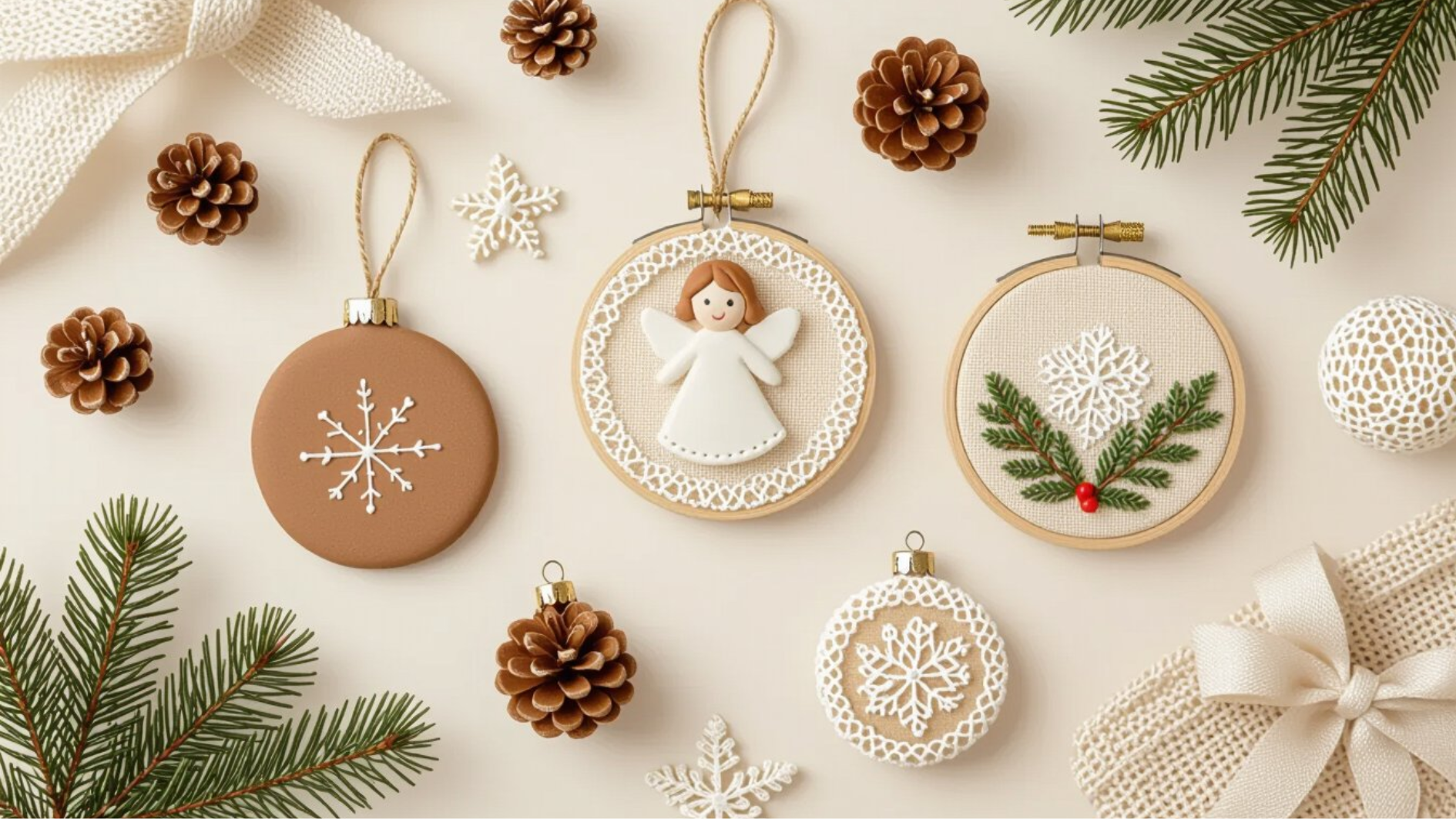 Flat lay of handmade minimalist Christmas ornaments, including a clay snowflake, pinecone, and angel embroidery hoop with lace and evergreen, arranged on a soft neutral background.