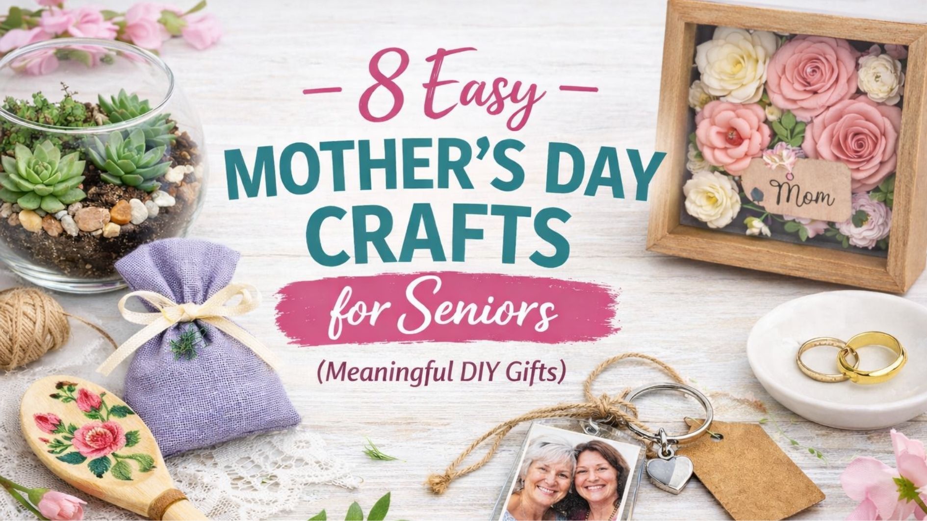 easy Mother’s Day crafts for seniors featuring DIY gifts like terrarium lavender sachet wooden spoons and photo keychain