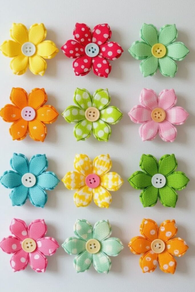 Colorful fabric flower magnets arranged in rows on a white refrigerator for spring decoration
