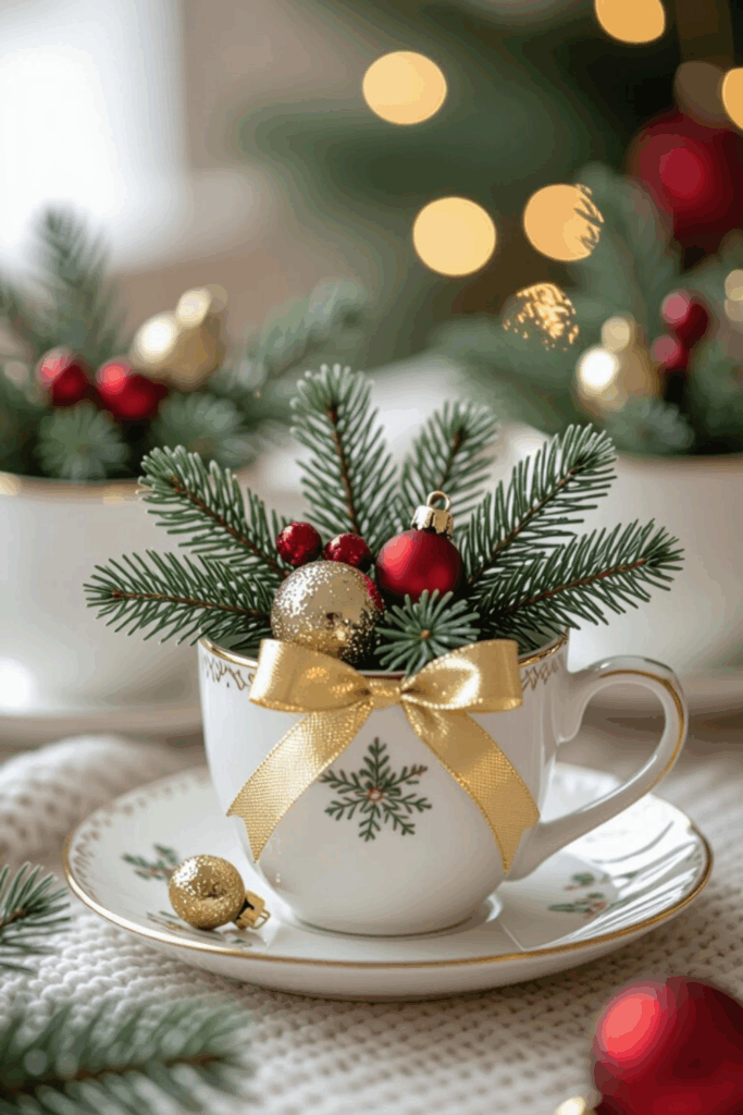 Vintage teacup filled with greenery, red and gold ornaments, and a gold ribbon bow — charming tabletop Christmas craft for seniors.