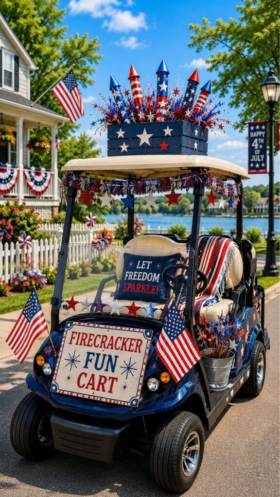 Bright and festive Firecracker Fun golf cart decorated with patriotic fireworks-inspired details for a 4th of July celebration