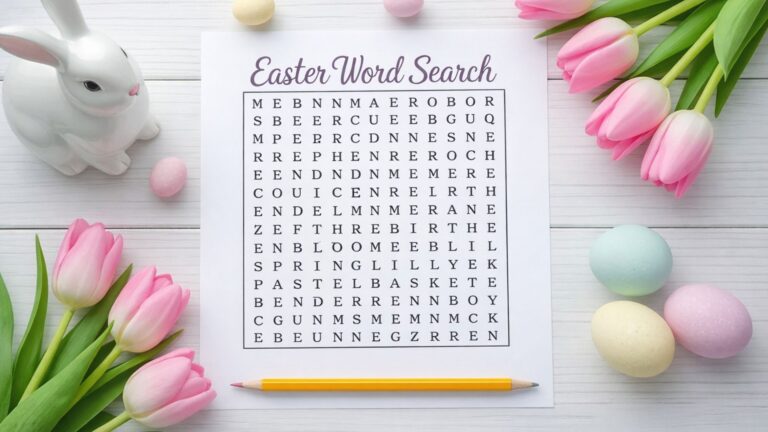 Printable Easter word search puzzle on a white table with pink tulips, pastel eggs, and a ceramic bunny, designed as a spring brain activity for seniors.