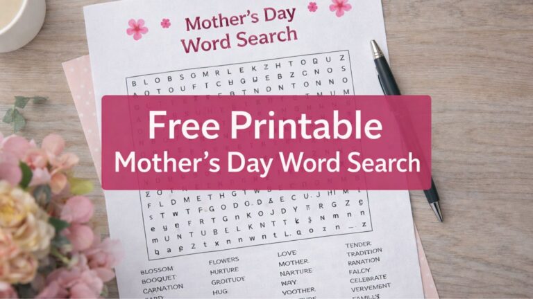 Mother’s Day word search printable with flowers and pen on a table ready to solve