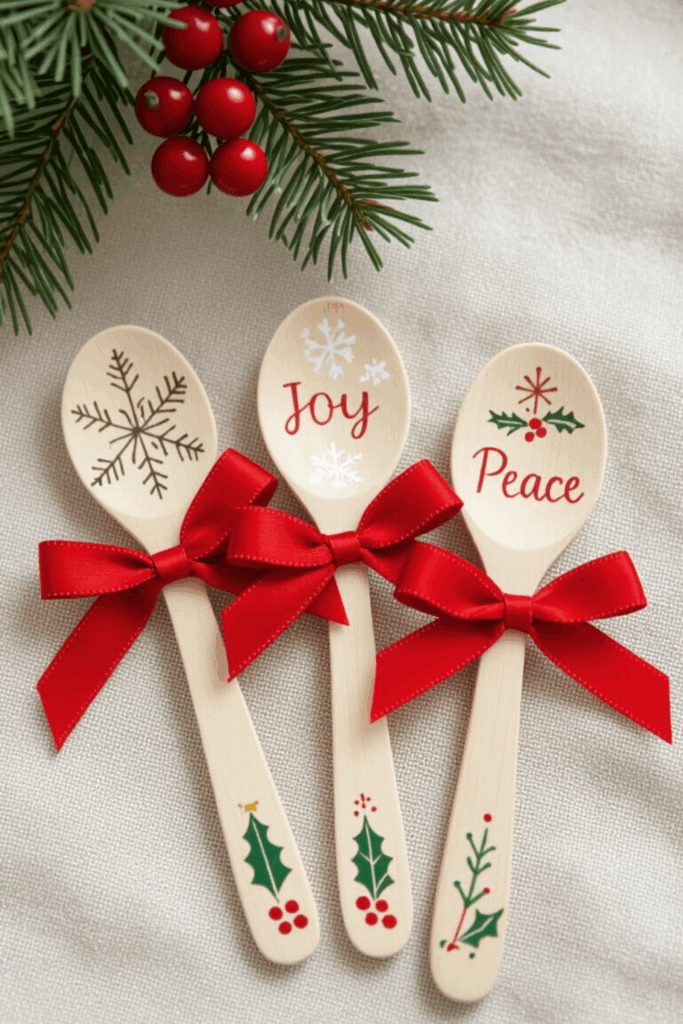 Wooden spoon ornaments hand-painted with holiday words like “Joy” and “Peace,” tied with red bows and greenery — creative DIY Christmas project for seniors.