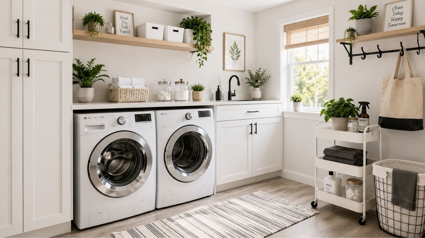 Bright, organized laundry room with front-loading washer and dryer, accessible storage, and a folding counter designed for seniors.