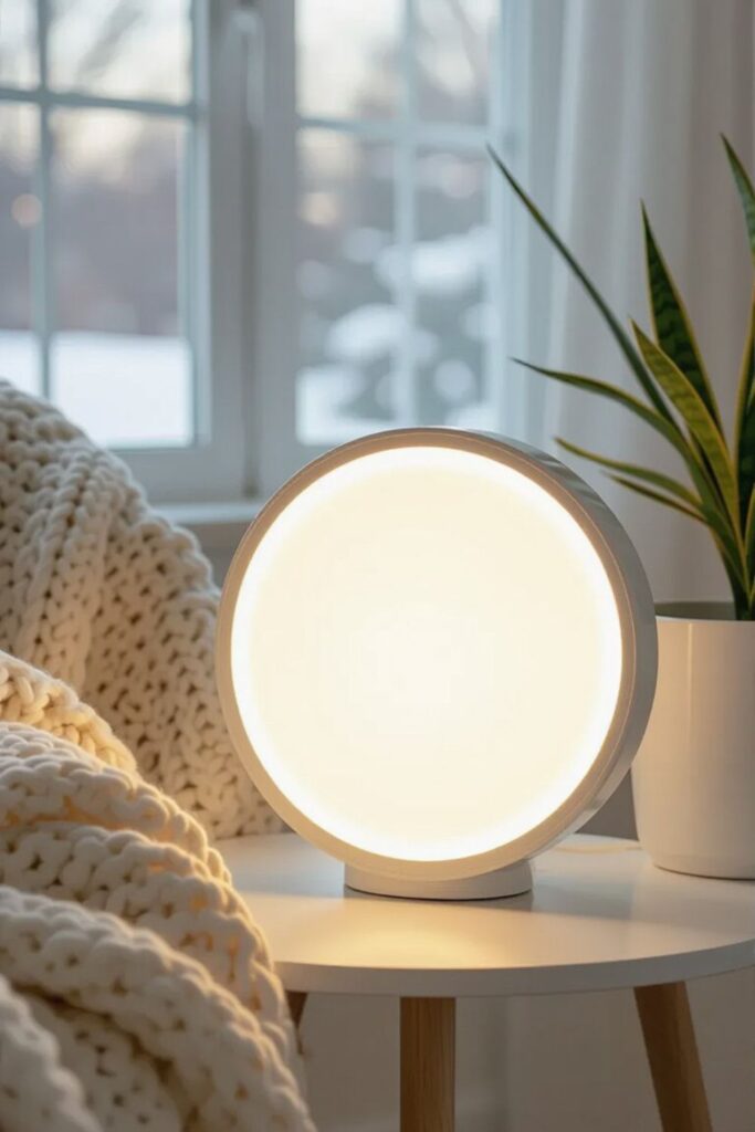 Round white light therapy lamp glowing softly on a side table beside a neutral armchair and knitted throw, creating a clean and calming winter wellness scene.