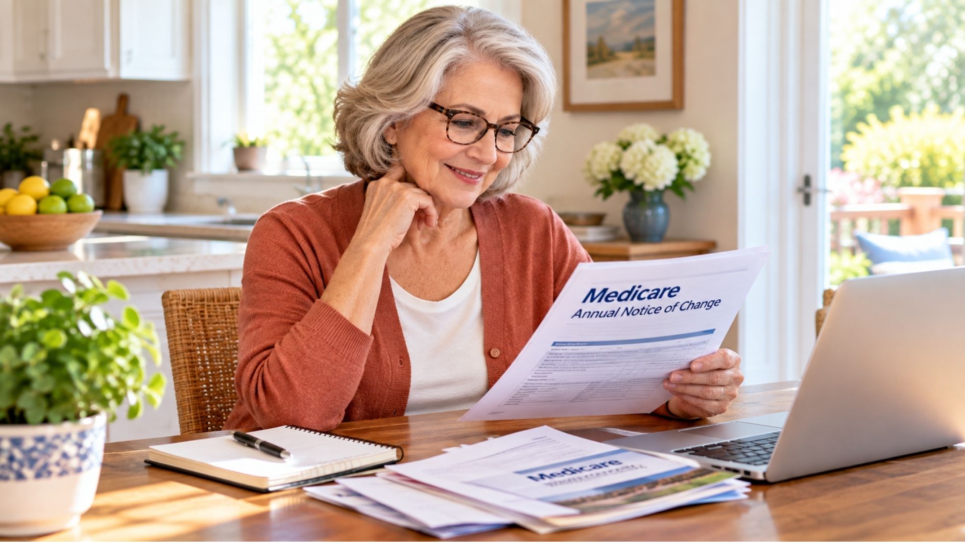 Senior woman reviewing Medicare Open Enrollment information at home