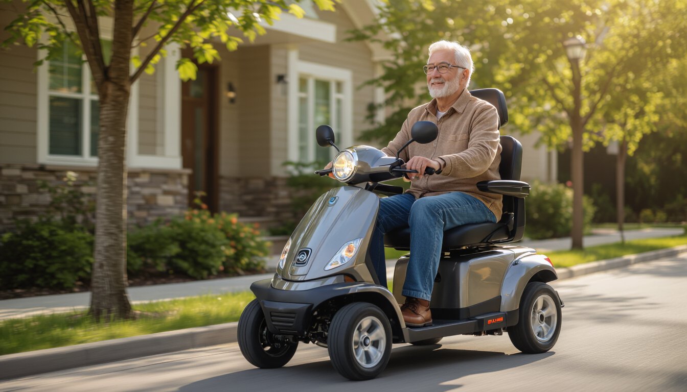 Older adult riding a four-wheel mobility scooter in a quiet residential neighborhood