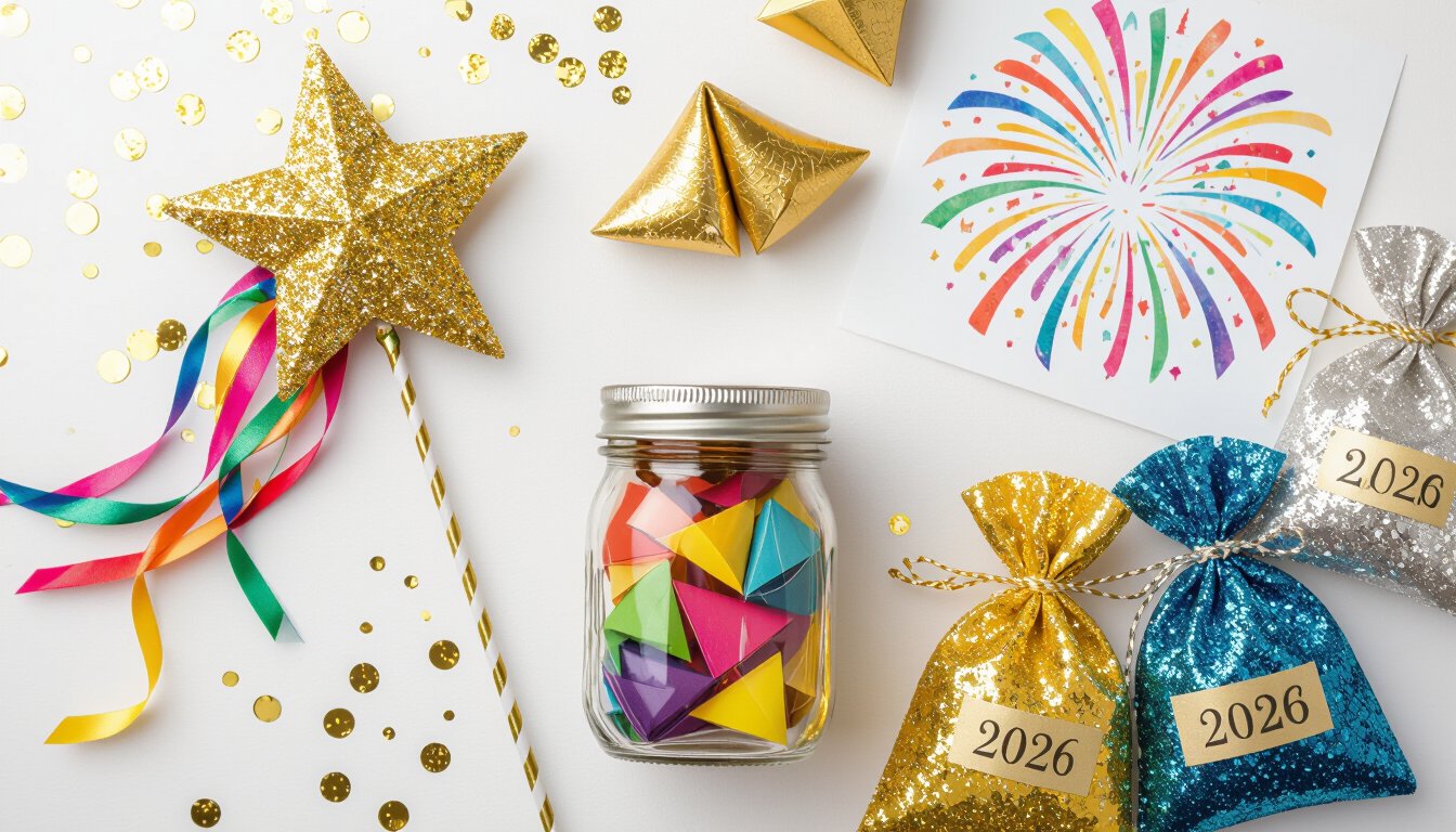 Flat lay of unique New Year's crafts for seniors including wishing wand, memory jar, fortune cookies, and blessing bags on white background
