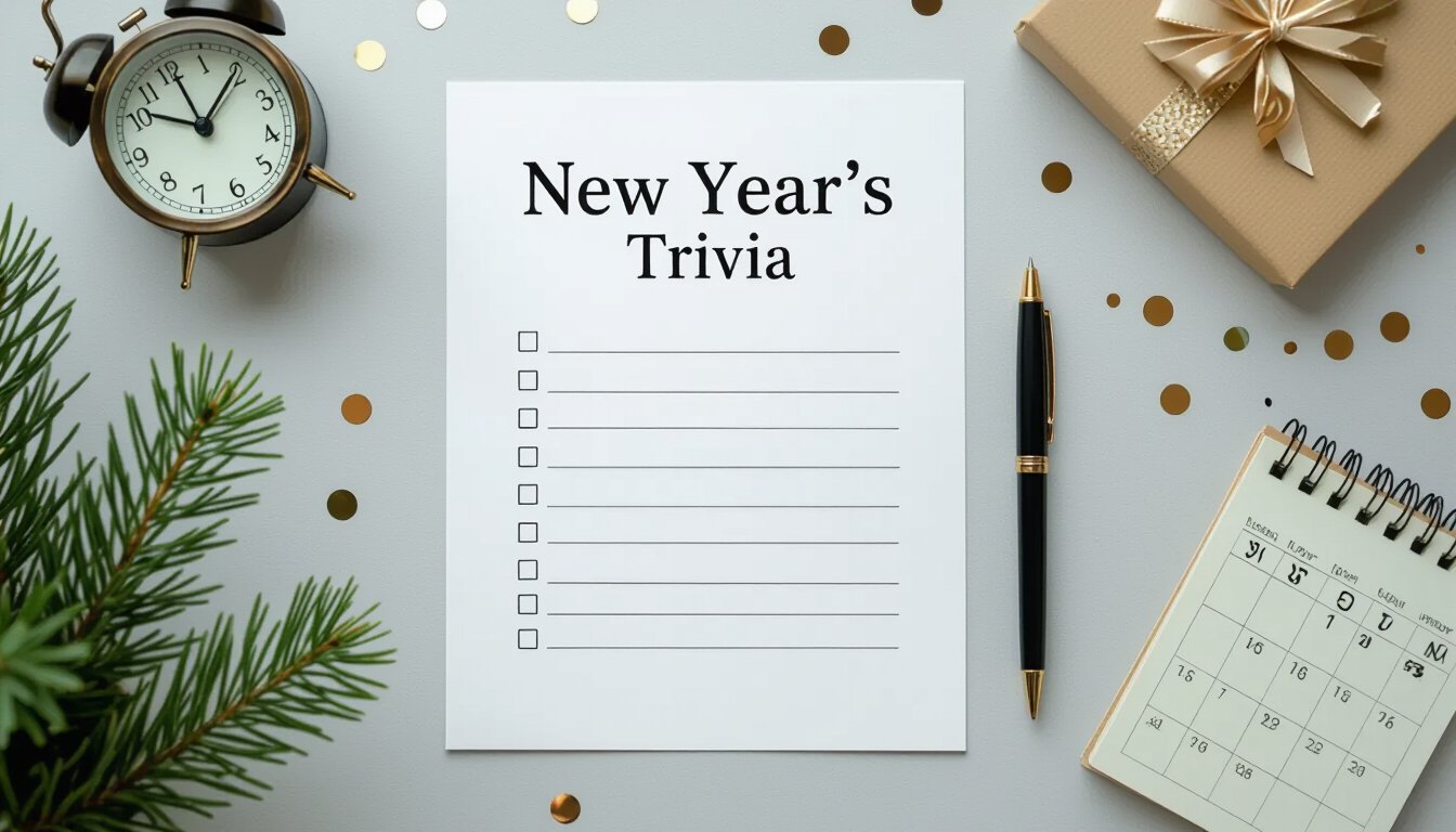 New Year’s trivia printable with a checklist layoutpenclockand calendar arranged on a clean tabletop.