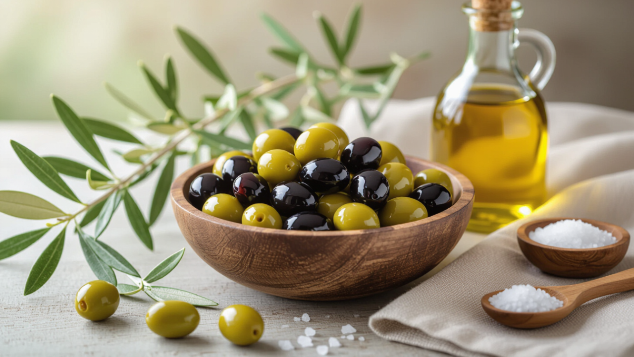 Mixed green and black olives in wooden bowl with olive oil bottle and fresh olive branches on neutral background for healing power blog pos