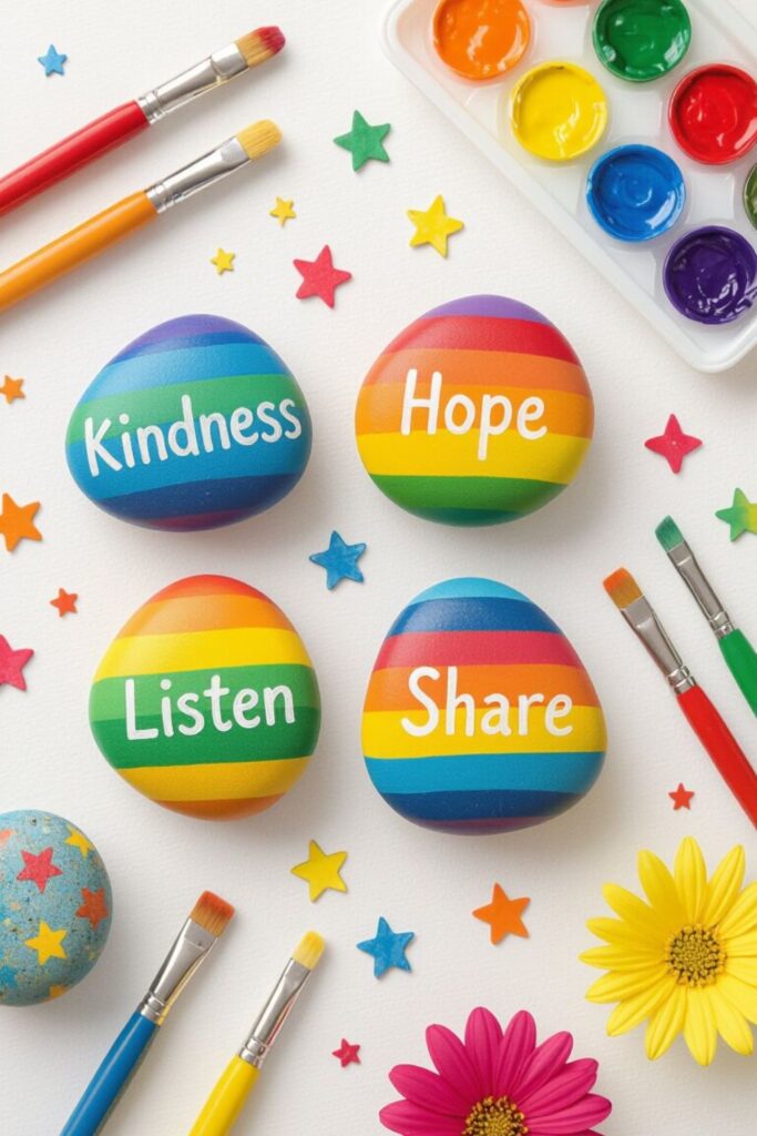 7 Meaningful MLK Day Crafts for Kids & Families (Martin Luther King Jr. Day Activities) 8 Brightly painted kindness rocks in rainbow colors with words like Love, Hope, and Unity displayed on a clean white surface.