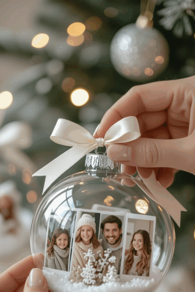 Clear fillable Christmas ornament holding a family photo, faux snow, and a satin bow — sentimental holiday craft idea for seniors and families.