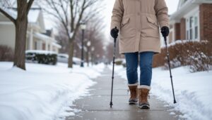 Living Your Senior Life 3 Senior using walking poles and traction boots while walking on a cleared winter sidewalk to help with preventing winter falls