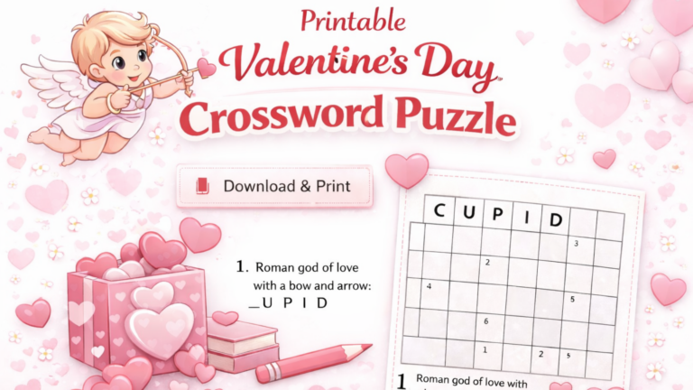 Printable Valentine’s Day crossword puzzle with grid, clues, and soft heart-themed design