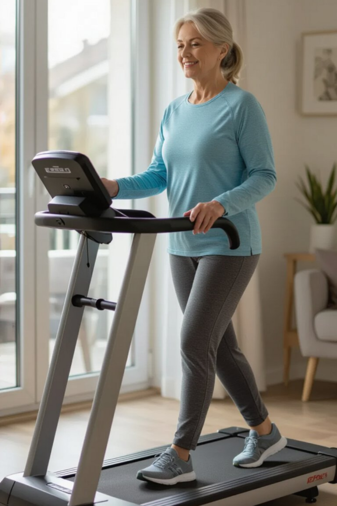 Senior woman holding handrails while walking on treadmill at home in bright room