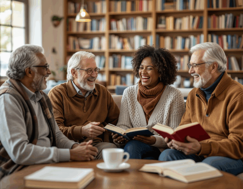 Diverse group of seniors enjoying a book club meeting and laughing together