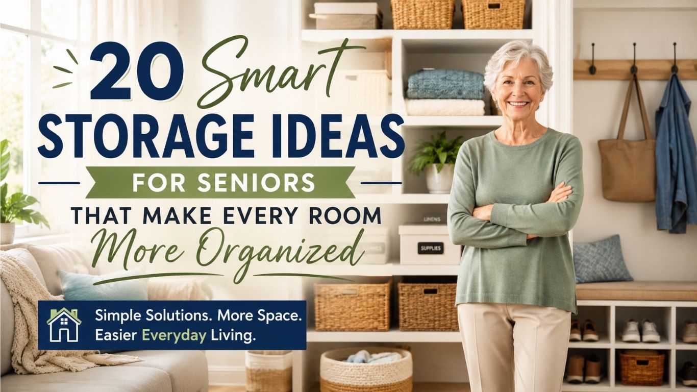 Smiling older woman standing in a bright, organized home with smart storage solutions, shelves, baskets, and entryway storage illustrating smart storage ideas for seniors.